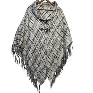 Plaid Poncho With Toggle Closure & Fringe Hem Shaw Collar Gray Black LT Weight